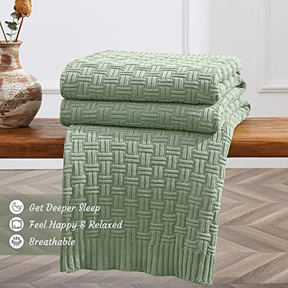 TREELY 100% Cotton Knitted Throw Blanket Couch Cover Blanket(60 x 80 Inches, Light Sage Green) - color: Sage Green, size: Twin (60 in x 80 in)