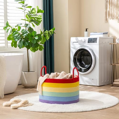 KAKAMAY Large Blanket Basket (20"x13"),Woven Baskets for storage Baby Laundry Hamper, Cotton Rope Blanket Basket for Living Room, Laundry, Nursery, Pillows, Baby Toy chest (Rainbow) - color: Rainbow