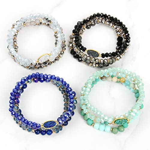 RIAH FASHION Bohemian Acrylic Druzy Multi-Layer Bead Statement Bracelet - Versatile Faux Stone Pendant Stretch Strand Stackable Cuff Bangle Set Sparkly Crystal - color: Oval Acrylic Druzy - Sapphire
