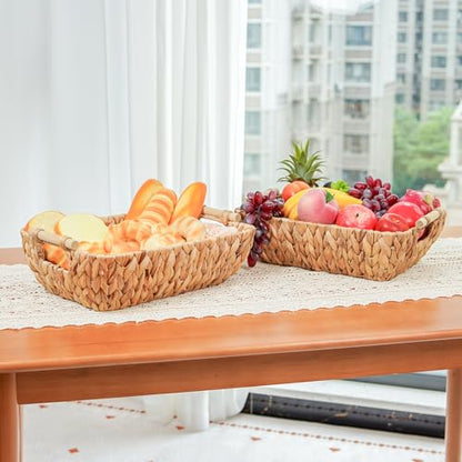 Wicker Storage Baskets with Wooden Handles, Hand-Woven Water Hyacinth Storage Organizers for Throw Blankets, Bedroom, Living Room, Laundry(2 Pack)