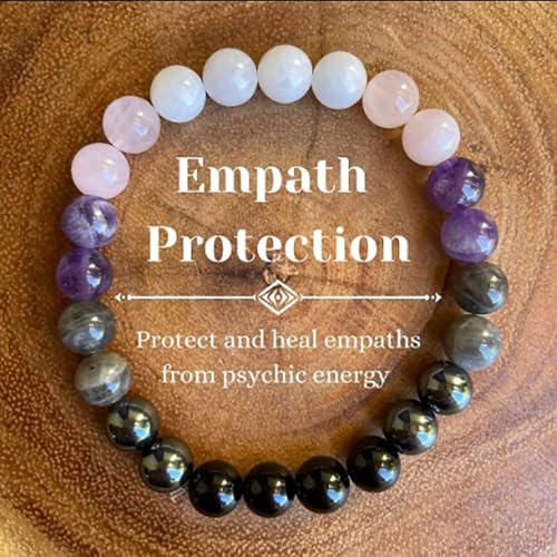 Natural Stone Beaded Bracelets for Women Men - 8MM Semi-Precious Stones Bracelets Adjustable Crystal Beads Stretch Bracelet - color: Empath Protection