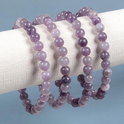 Justinstones Gem Semi Precious Gemstone 6mm Round Beads Stretch Bracelet 6.5 Inch Unisex - color: Light Lepidolite Lithium Mica