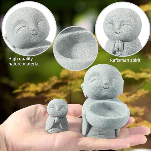 Buddha Sandstone Statues 2pcs, Jizo Monk and Prayer Monk Figurines Zen Monk Sculptures Ornament for Wealth Good Luck Garden Home Office Car Decor
