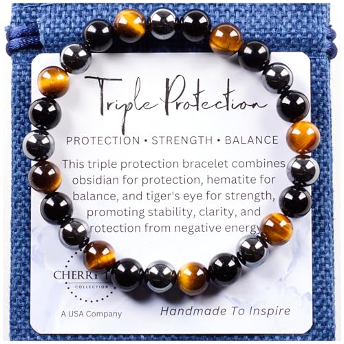 Cherry Tree Collection – Handmade Crystal Bracelets with Black Obsidian, Tiger’s Eye and 6 Other Gemstones for Men & Women – 8mm Beaded Bracelet for Healing, Protection & Positive Energy–Sizes S/M/L - color: Triple Protection Gold, size: Medium