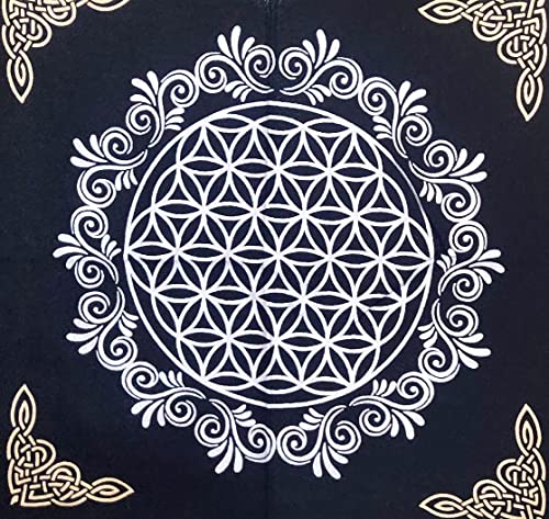 INDACORIFY Flower of Life Altar Table Top Cloth with Fringes Alter Tarot Witchcraft Spread Spiritual Sacred Cloth 18x18 in (Gold & Silver Flower of Life) - color: Gold & Silver Flower of Life