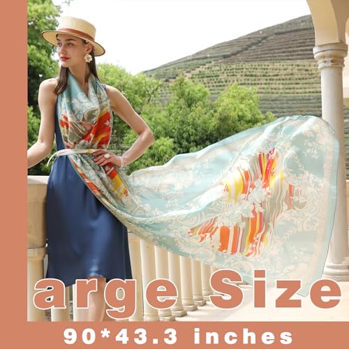 100% Mulberry Extra Large Silk Pashmina Scarf Shawls And Wraps For Women Evening Dress Summer Travel Floral Blanket - color: Light Blue Feather Grace
