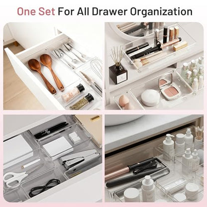 8 Pack Large Clear Plastic Drawer Organizer Bins - Acrylic Bathroom Drawer Organizer Trays - Heavy Duty Kitchen Drawer Dividers for Utensils - Non-Slip Storage Bins for Makeup, Bedroom, Office Desk - size: 8 Pack