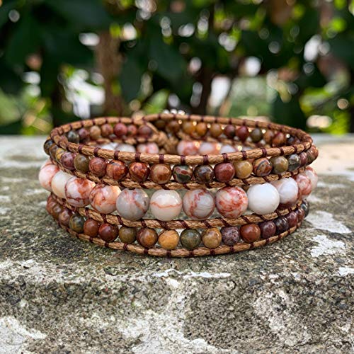 YGLINE Boho Handmade Natural Stone Bead 3 Row Wide Wrap Wrist Statment Bracelet Jewelry Collection - color: jasper