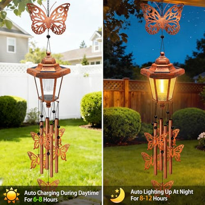 Large Solar Butterfly Wind Chimes, Gift for Women Mom Grandma Wife Sister Daughter Neighbor, Classic Bronze Wind Chimes With Wind Catcher, Solar Decor Lights For Outdoor Garden Patio Yard Porch Window