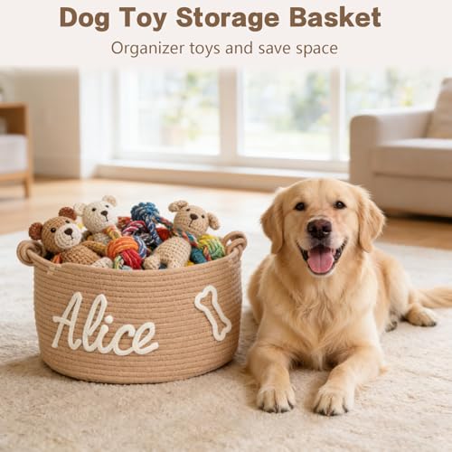 Personalized Dog Cat Toy Basket with Embroidery Name, Customized Puppy & Kitten Toy Storage Bins, Cute Handmade Cotton Rope Organizer for Snacks, Pet Supplies, Easter Birthday Gifts Basket for Pets