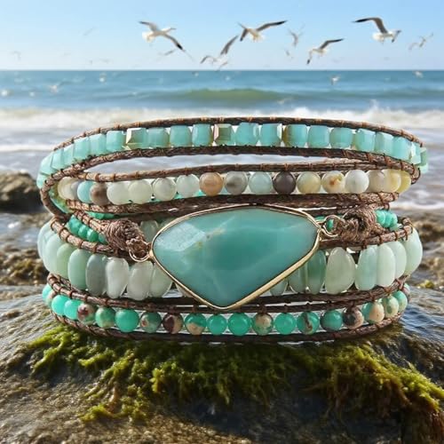Boho Wrap Bracelet for Women, Handmade Natural Imperial Jasper Multi-Layer Stone Beaded Bracelet, Bohemian Healing Crystal Stone Jewelry Gifts - color: Amazonite #3