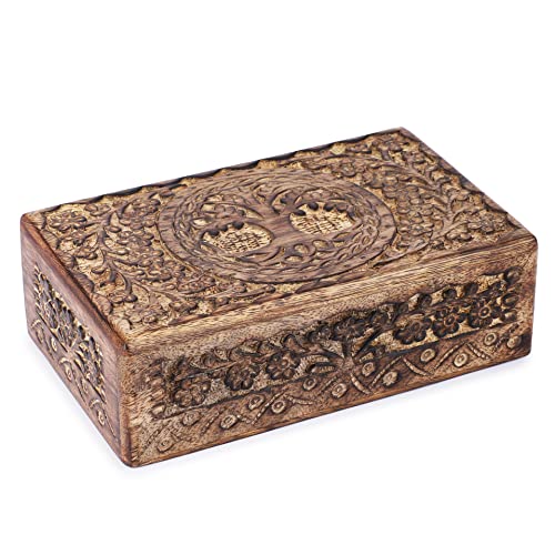 Ajuny Wooden Jewelry Boxes Decorative Antique Boxes with Tree of Life Carving for Coffee Table Decor Birthday Gift for Women Small Jewelry Organizer Wooden Handmade Love Gift - 8X5 Inch - size: 8 x 5 Zoll