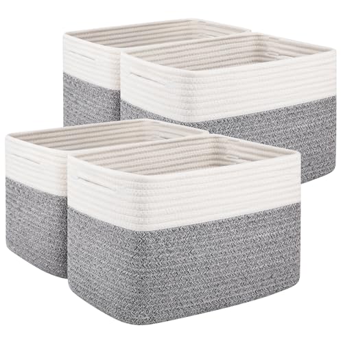 OIAHOMY 4 Pack Storage Baskets for Organizing, Basket for Shelves with Handle, Woven Baskets for Storage Toys, Towels, Books, Cotton Rope Basket 13" L x 9 " W x 7.8 " H, Grey & White - color: Grey & White