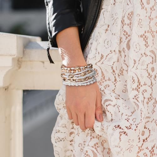 SPUNKYsoul Beaded Stretch Bracelet Set – Multi-Piece Stackable Fashion Bracelet Collection, Elastic Fit, Minimalist Boho Jewelry for Everyday Wear - style: White and Gold