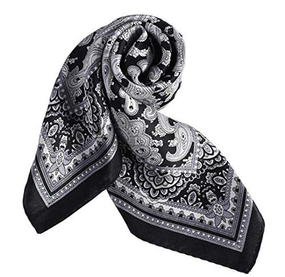 ANDANTINO 100% Mulberry Silk Scarf -21” Lightweight Square Neckerchief – Breathable Digital Printed Scarves with Gift Packed - color: Black&white Paisley