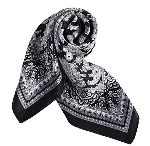 ANDANTINO 100% Mulberry Silk Scarf -21” Lightweight Square Neckerchief – Breathable Digital Printed Scarves with Gift Packed - color: Black&white Paisley