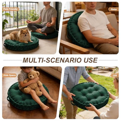 Meditation Floor Pillow, 23.6" Round Thick Cushion with Handle, Velvet Floor Cushion Seat Cushion for Yoga Living Room Tatami, Meditation Cushion for Adults, Dark Green