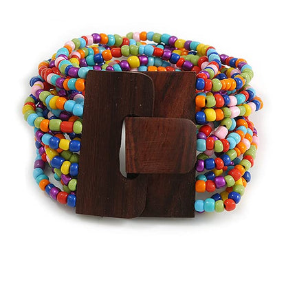 Avalaya Multicoloured Glass Bead Multistrand Flex Bracelet With Wooden Closure - 18cm L