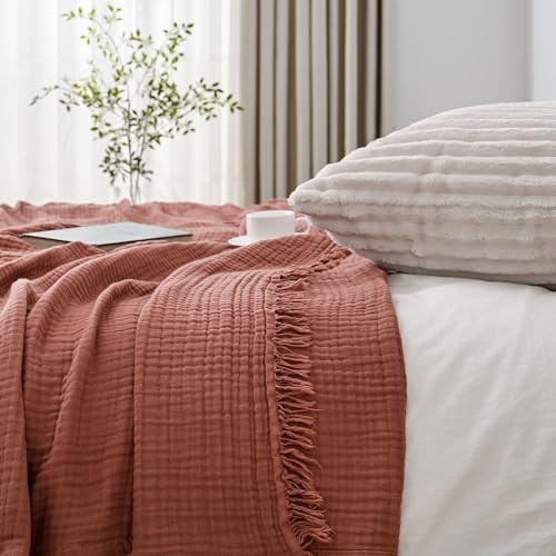 Esterra Muslin Throw Blanket 50x65 Inches Cozy Soft Lightweight Pre-Washed Cotton Blanket, All Season Breathable 4-Layer Gauze Blanket Throw for Sofa Couch Bed, Copper Brown - color: 07 - Copper Brown, size: Throw (50"x65")