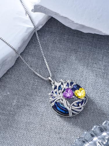 TOUPOP s925 Sterling Silver Family Celtic Tree of Life Pendant Necklaces with 2 Heart Birthstone with Blue Austrian Crystal Jewelry Birthday Valentines Day Gifts for Her, Anniversary Christmas Gifts for Wife Girlfriend Mom (18K Real White Gold Filled) - c