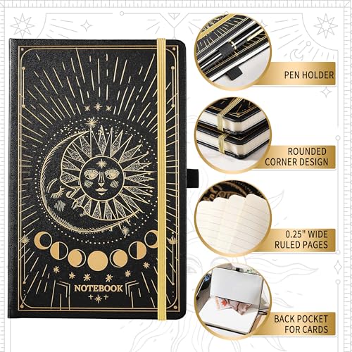 Artfan Ruled Notebook/Journal – Premium Thick Paper Classic Writing Notebook with Pocket + Page Dividers Gifts, Banded, Large, 128 Pages, Hard Cover, Lined (5.3" x 8.26") - Sun and Moon - color: BLACK17