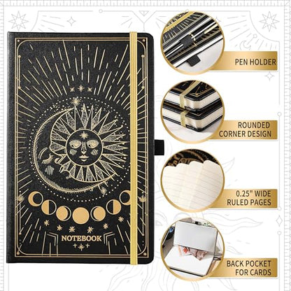 Artfan Ruled Notebook/Journal – Premium Thick Paper Classic Writing Notebook with Pocket + Page Dividers Gifts, Banded, Large, 128 Pages, Hard Cover, Lined (5.3" x 8.26") - Sun and Moon - color: BLACK17