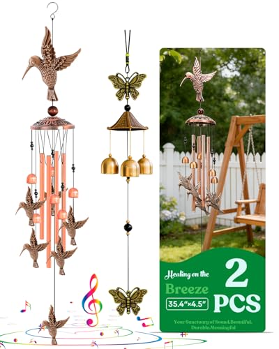 Wind Chimes Outdoor Clearance, Aluminum Tube Wind Chime - 6 Harmonic Bells for Soothing Tones, Durable Outdoor Windchime for Patio, Garden, Gift for Women (Hummingbirds, Butterflies) - color: Hummingbirds, Butterflies