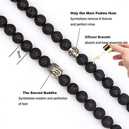 108 Mala Beads Necklace 7 Chakra Tree of Life Pendant Prayer Buddha Bracelets Healing Stone Yoga Men Women Jewelry - color: Natural lava flower beads