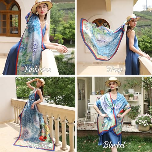 100% Mulberry Extra Large Silk Pashmina Scarf Shawls And Wraps For Women Evening Dress Summer Travel Floral Blanket - color: Blue Garden Breeze