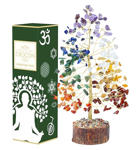 7 Chakra Tree of Life - Crystal Tree of Life, Gemstone Tree for Positive Energy, Feng Shui Tree Decor, Seven Chakra Tree, Money Tree Bonsai, Crystal Healing Stone Tree, Spiritual Gift Home Decor 10" - color: Seven Chakra (Golden)