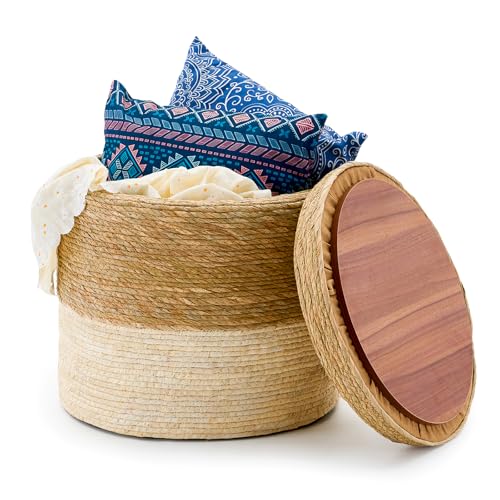 Round Pouf Ottomans, Handwoven Natural Water Hyacinth Seagrass Pouffe,Outdoor Rattan Stool Accent Seat, Bohemian Coastal Home Decor (Storage - 18inch Natural Cattail & White Corn Shell) - color: Storage - 18inch Natural Cattail & White Corn Shell