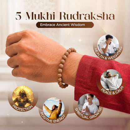 Himalayan Nepali Rudraksha Bracelet 5 face Authentic Genuine Certified Rudraksh Beads for Man & Woman Wearing & Puja Prayer Beaded Meditation - color: One Bracelet