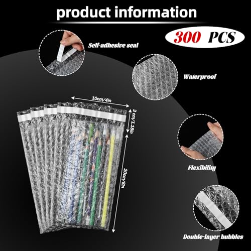 Frienda 300 Pcs Clear Self Sealing Bubble Cushion Bags Double Wall Bubble Pouch Bag Plastic Shockproof Protective Packing Bags for Small Business Moving Shipping Packaging Storage(4" X 8") - size: 4" X 8"