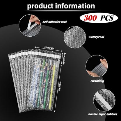 Frienda 300 Pcs Clear Self Sealing Bubble Cushion Bags Double Wall Bubble Pouch Bag Plastic Shockproof Protective Packing Bags for Small Business Moving Shipping Packaging Storage(4" X 8") - size: 4" X 8"