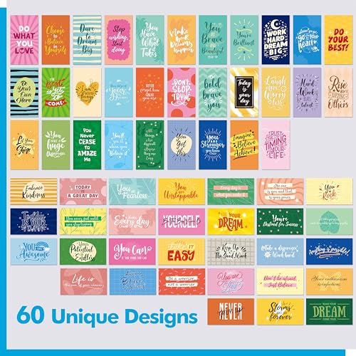 120 PCS Motivational Cards, 60 Designs Inspirational Cards with PET Film, Affirmation Words for Primary Middle High Reading Students, Book Lovers (2” x 3.5”)