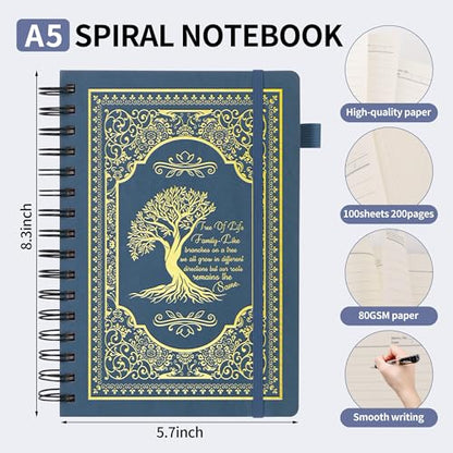A5 Hardcover Spiral Notebook Tree of Life Journal Daily Journals for Writing Travel Notebooks Journal for Women Men 80GSM Paper Leather Spiral Journal,5.7"x8.3"（Spiral Tree -Dark Blue) - color: Spiral Tree of Life-dark Blue