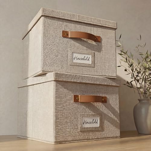 Decorative File Organizer Box Set of 2 - Collapsible Linen Filing Cabinets with Handles Are Perfect to Store All Your Documents & Hanging File Folders - Portable Easy Slide Office Crates with Lid - color: Beige