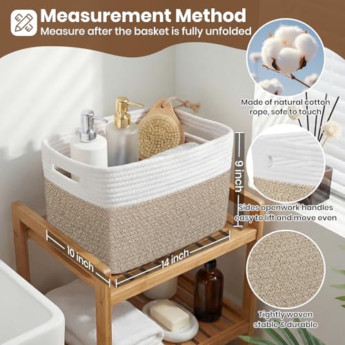 Storage Baskets for Organizing, 14 x 10 x 9” Closet Shelf Woven Baskets, Square Bins with Handles, Cotton Rope Basket for Clothes, Office, Room, White+Rice Brown 1 Pack