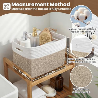 Storage Baskets for Organizing, 14 x 10 x 9” Closet Shelf Woven Baskets, Square Bins with Handles, Cotton Rope Basket for Clothes, Office, Room, White+Rice Brown 1 Pack