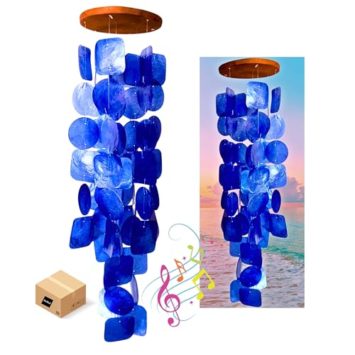 Bellaa 27918 Wind Chimes Outdoor, Garden Decorations, Musical, Indoor/Outside Windchimes, Beach, Ocean Breeze, Gifts for Mom, Gift for All Occasions, Capiz Sea Glass Shells Wood Blue 27 inch - color: Sea Blue