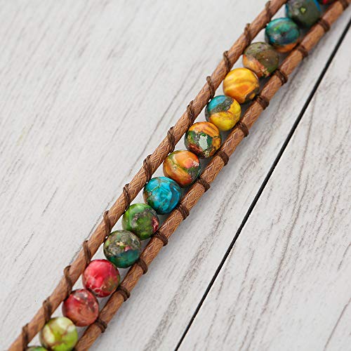 Women Boho Handmade Natural Stone Crystal Leather Bead Wrap Bracelets Collection - style: Colorful Jasper 3w