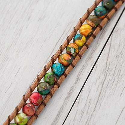 Women Boho Handmade Natural Stone Crystal Leather Bead Wrap Bracelets Collection - style: Colorful Jasper 3w