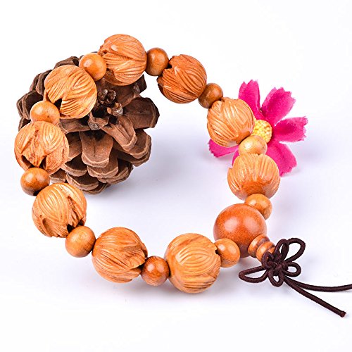 JAJAFOOK Unisex's Peach Wood Lotus Carving Beads Bodhi Tibetan Buddhist Prayer Wrist Mala Bracelet