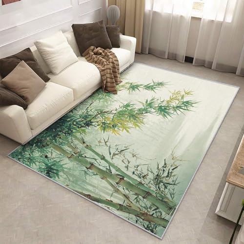 7x9 Washable Green Bamboo Leaves Area Rugs for Living Room, Nature Zen Rug for Bedroom, Green Plant Home Decor, Non Slip Low Pile Soft Thin Indoor Carpet D&T46 - color: Beige Green, size: 7' x 9' (Rectangular)