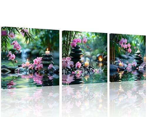 TutuBeer 3 Pcs Zen Wall Art Zen Pictures for Bathroom Bamboo Pink Flower Spa Stone with Candles Picture Print on Canvas Zen Wall Art for Office for Home Decor Wall Decor Stretched and Framed 12x12inch