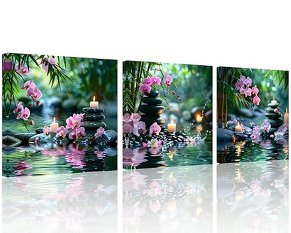 TutuBeer 3 Pcs Zen Wall Art Zen Pictures for Bathroom Bamboo Pink Flower Spa Stone with Candles Picture Print on Canvas Zen Wall Art for Office for Home Decor Wall Decor Stretched and Framed 12x12inch