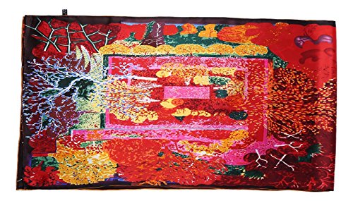 JWSilk Long Charmeuse Silk Scarf Classic Art Print - color: Red