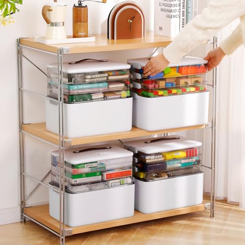 MOPALL 4-Tier Medicine Organizer Storage Box, Portable Latch Bin with Lid and Leather Handle, Cabinet Closet Organization for Home Office, Pill Bottle, First Aid, Sewing, Art, Craft