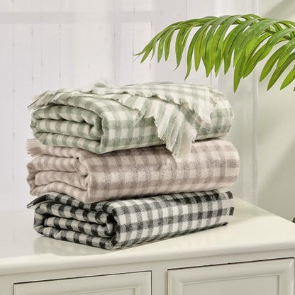 CREVENT Farmhouse Boho Knitted Throw Blanket for Couch Sofa Chair Bed Home Decoration, Soft Warm Cozy Light Weight for Spring Summer Fall (50''X60'' Plaid Green)
