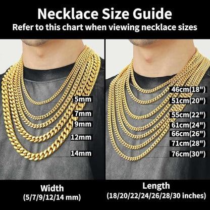 ChainsHouse Stainless Steel Mens Cuban Link Chain, Black/ 18K Gold Plated Miami Cuban Chain Necklace, 5mm/7mm/9mm/12mm/14mm Width, No Tarnish& Durable Hip Hop Mens Jewelry, 18"-30", Send Gift Box - color: e. 5mm width-gold, size: 18 inches